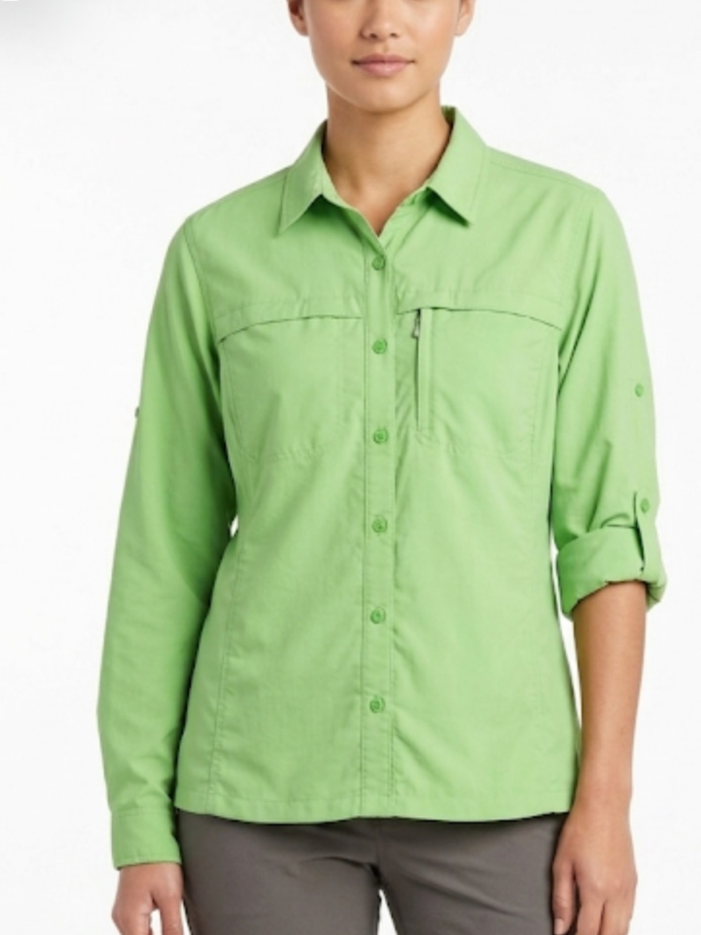 L.L. Bean Green Button Up Cargo Camp Shirt